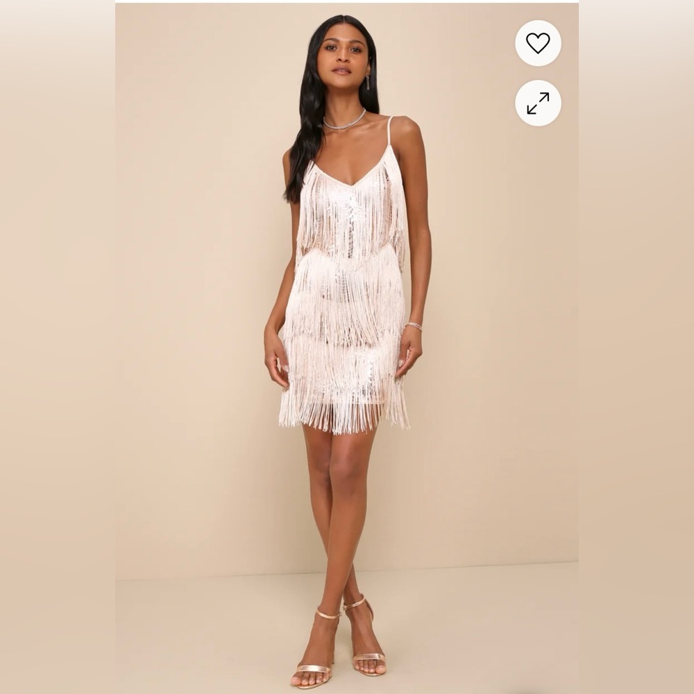 Lulu's Get in the Groove Champagne Sequin Fringe Bodycon Dress